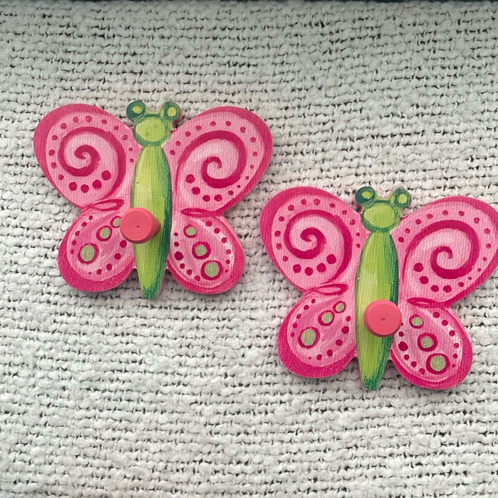 Pair decorative wall hooks - pink butterflies